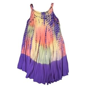 Henna Womens Midi Dress Multi Tie Dye Embroidered Boho Festival Hippie OS